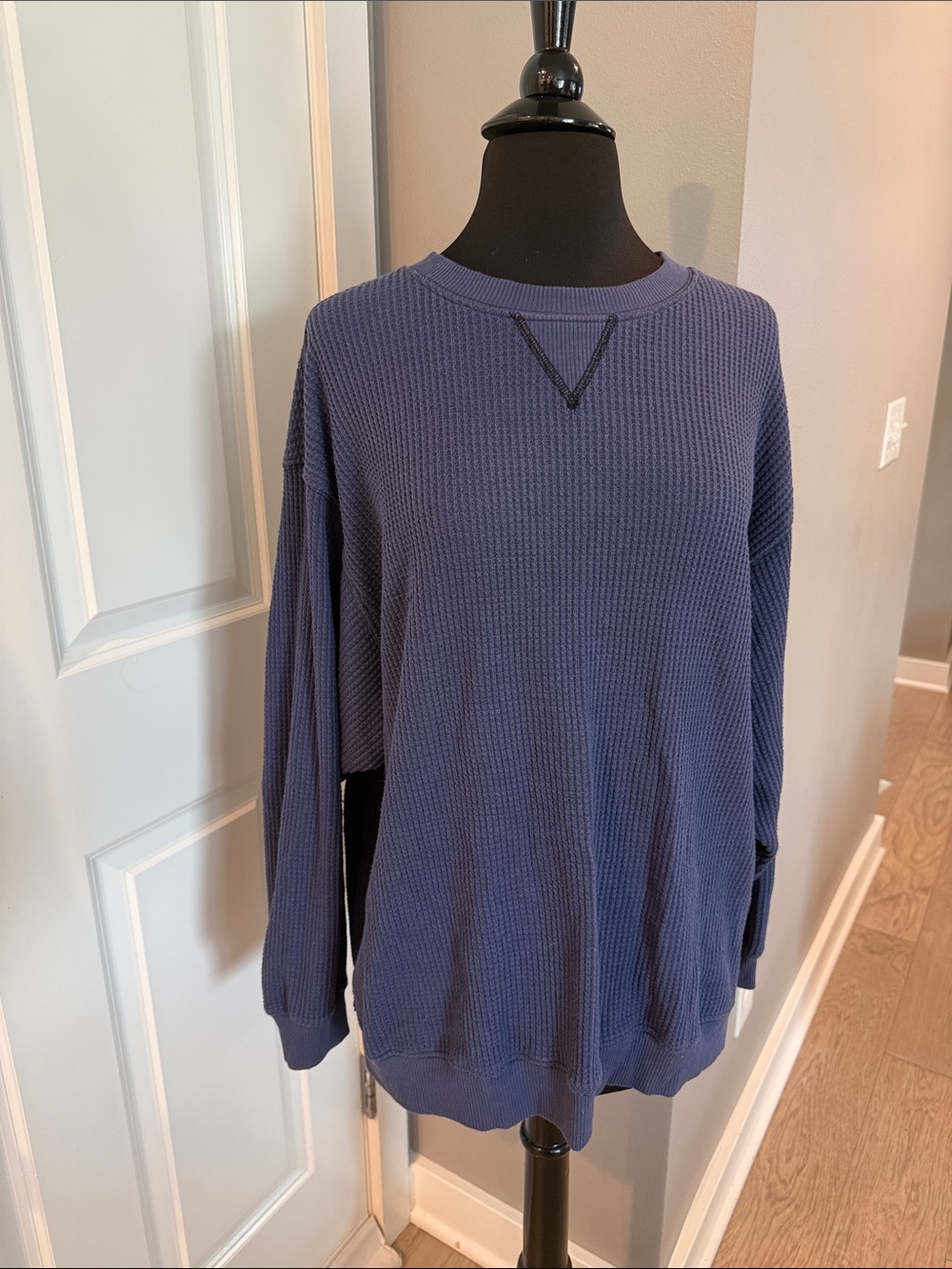 Aerie Waffle-Knit Crewneck Sweater in Deep Blue